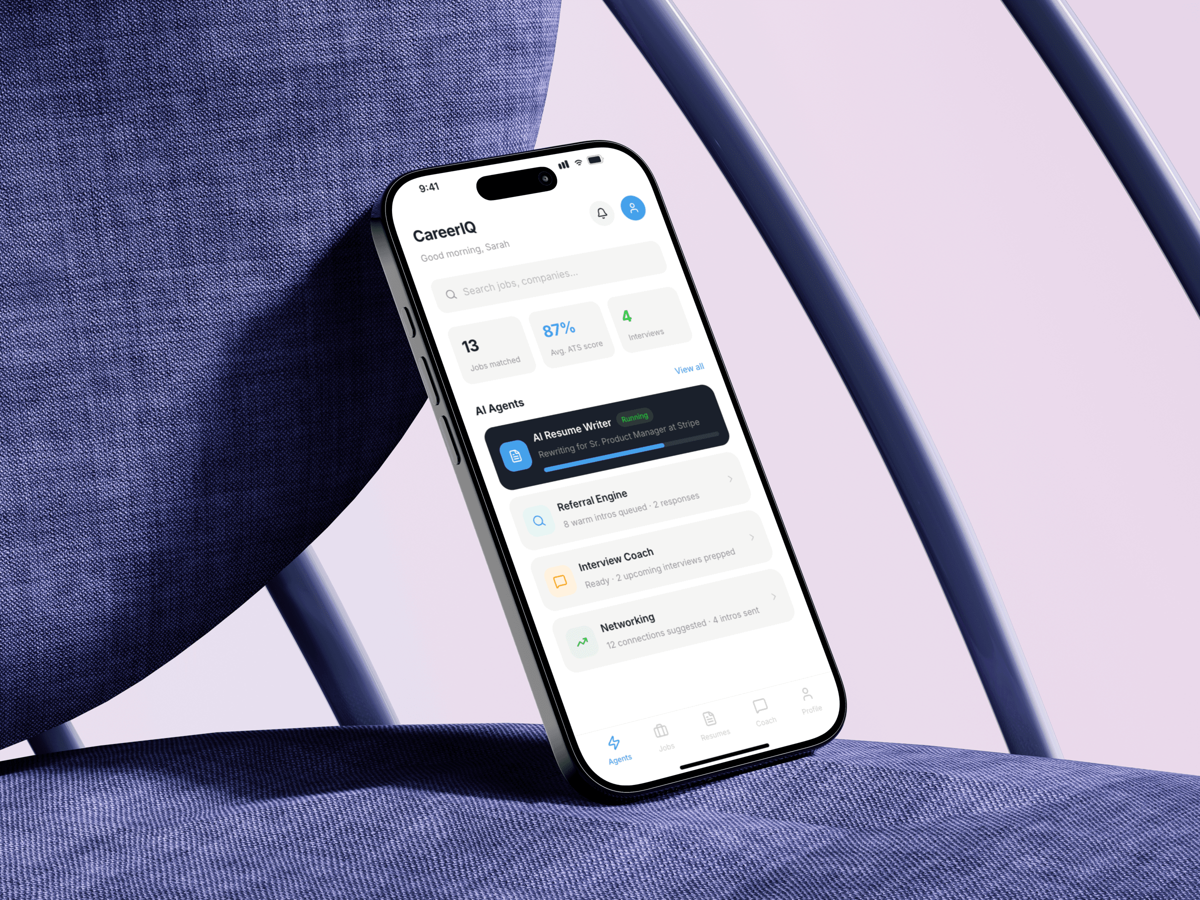 CareerIQ app showing AI-powered job search tools